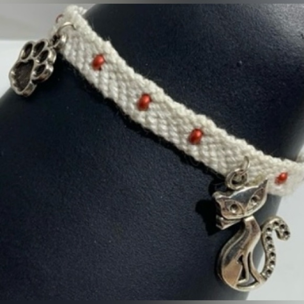Hand crafted beaded with kitten and paw charms macrame bracelet
